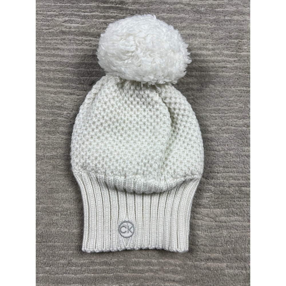 Calvin Klein Beanie Womens OS Cream Popcorn Knit Pom-Pom Faux Fur Lined Logo Hat